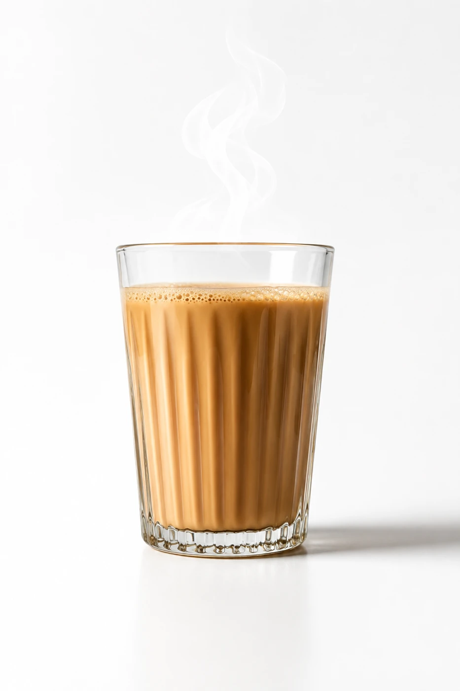 A glass of steaming masala chai on a clean white background